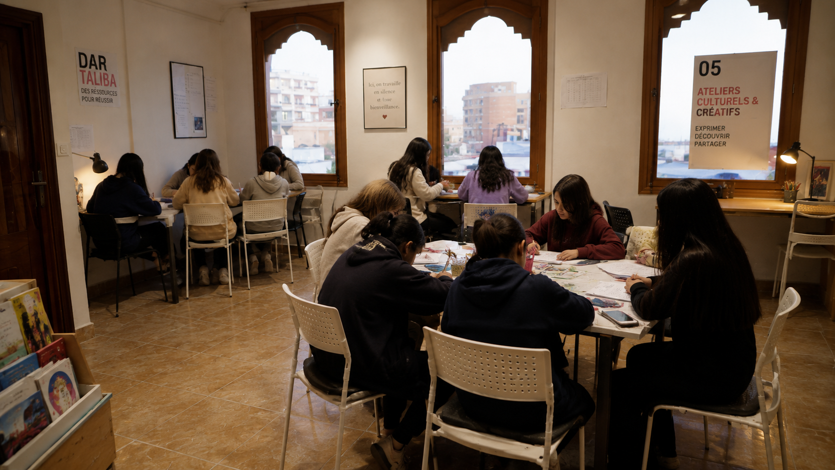 Groupe de résidentes participant à un atelier culturel et créatif, vu depuis un angle éloigné
