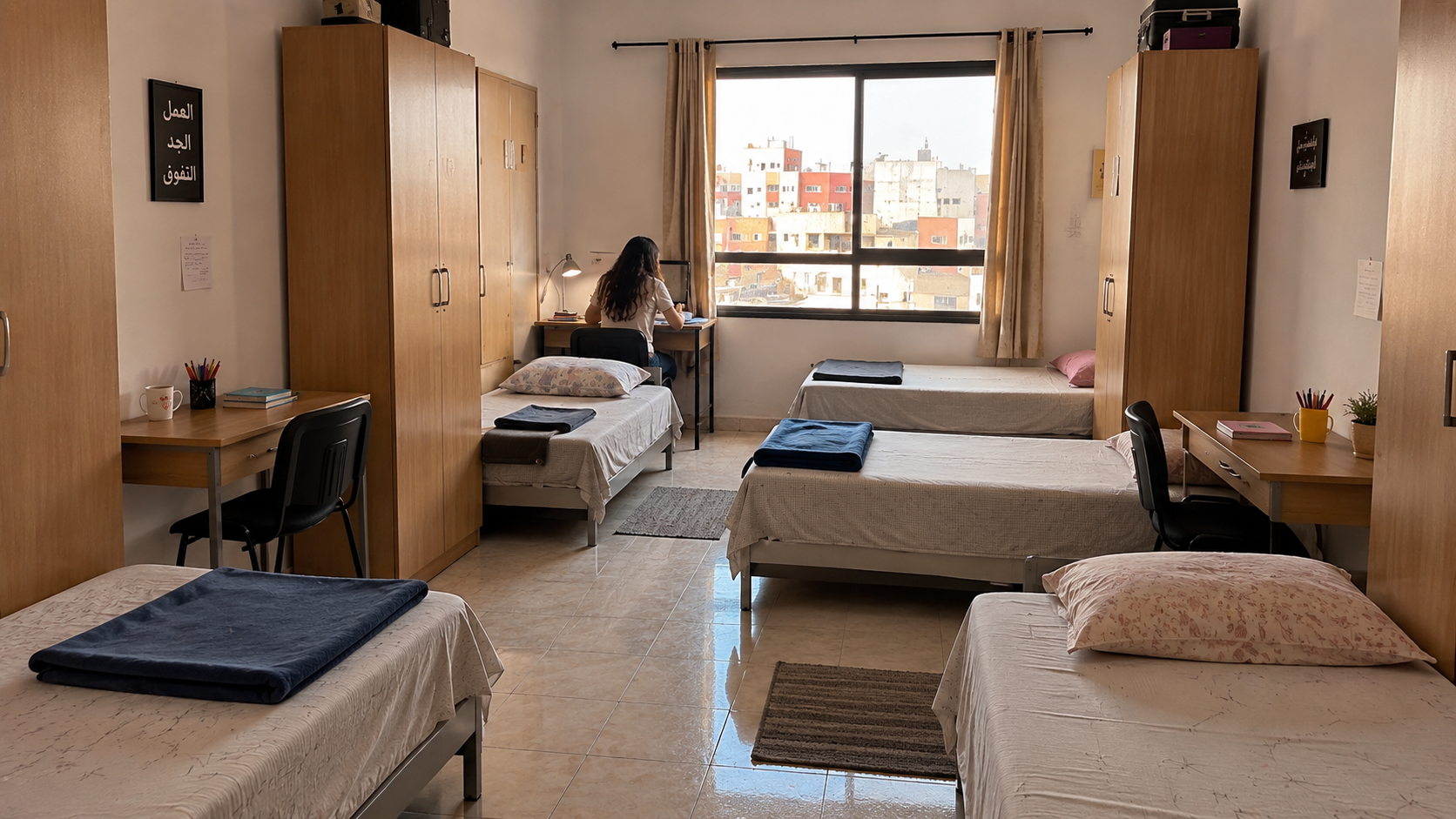 Chambre partagée lumineuse avec lits individuels, armoires et espace d’étude