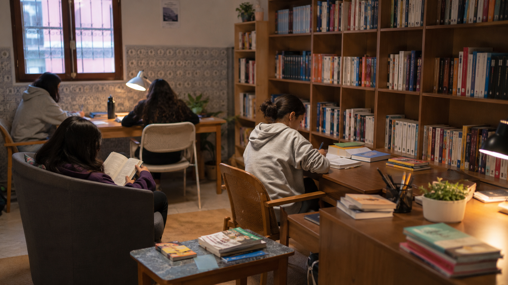 Espace calme de lecture et d’étude avec bibliothèque, livres et résidentes vues à distance