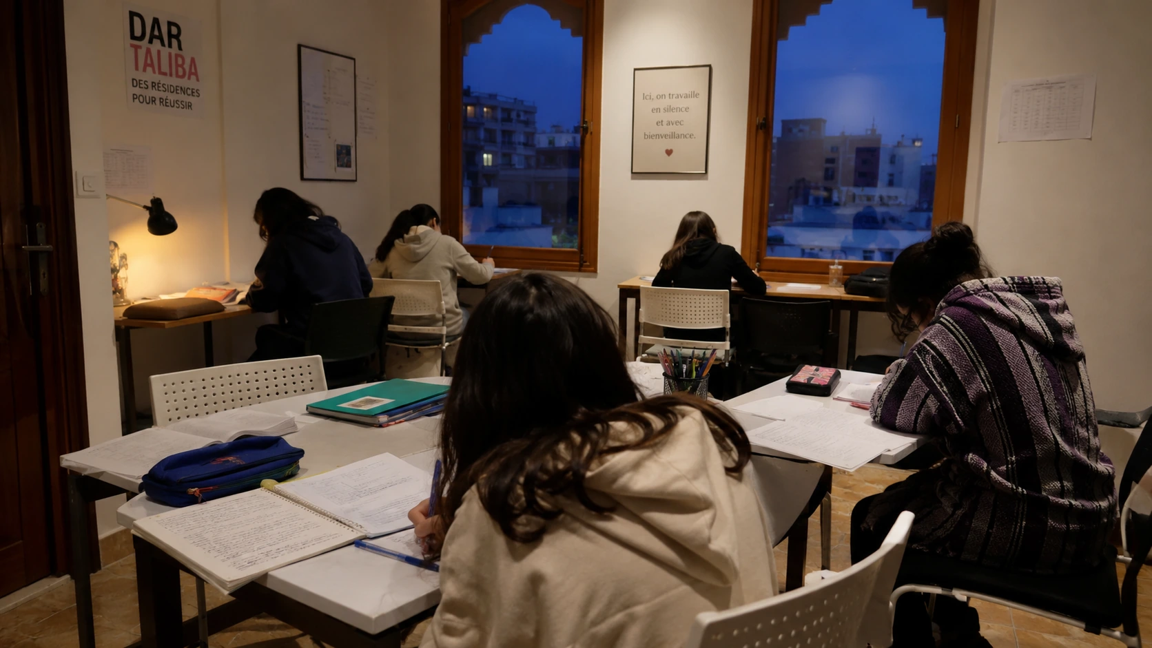 Salle d’étude calme avec des résidentes travaillant à distance, sans visages mis en avant